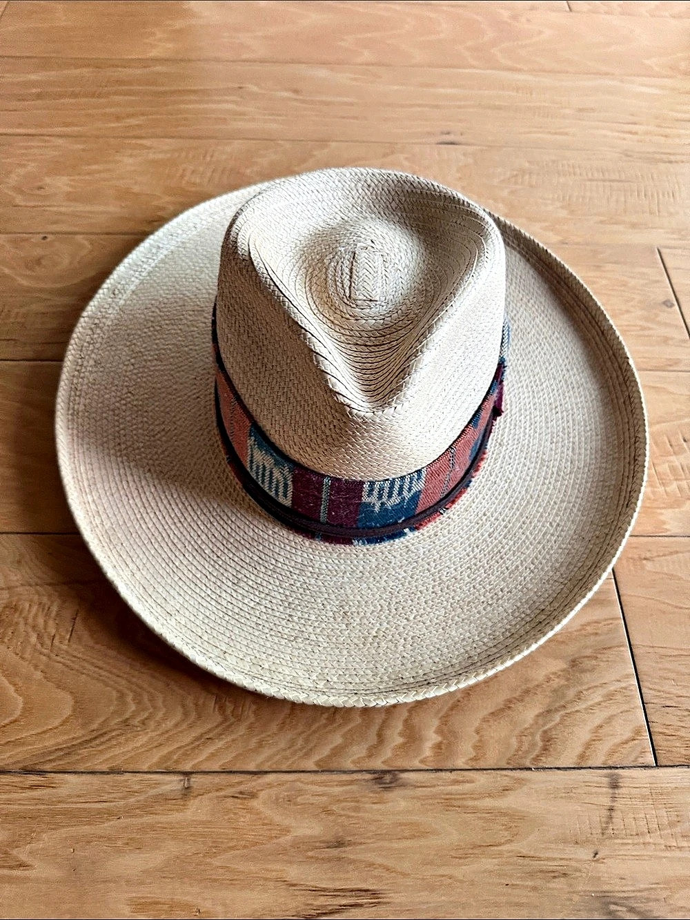 Authentic Woven Straw Hat in Beige with Multicolor Aztec fabric and Leather Ties